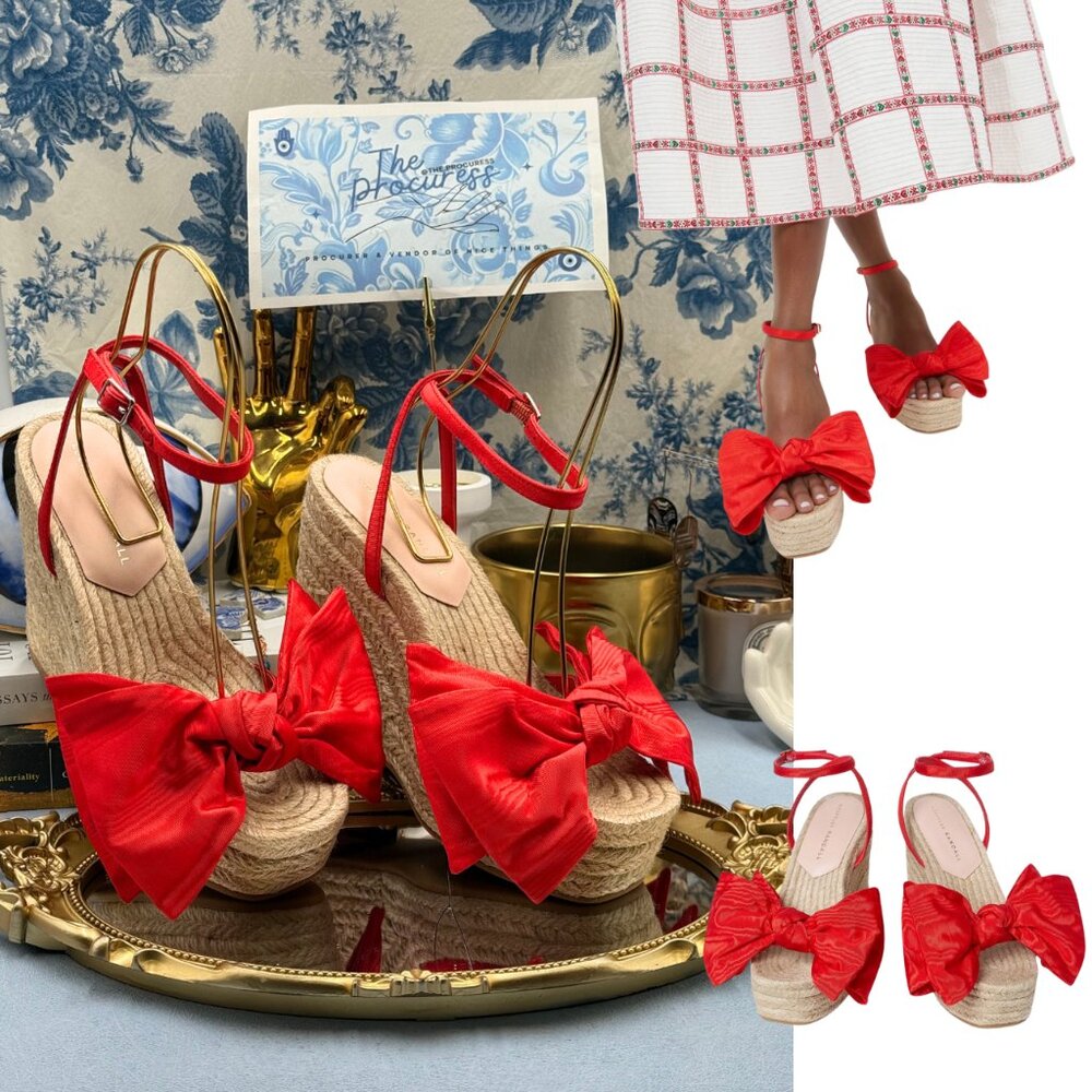 🆕 LOEFFLER RANDALL 🧿 NWOB Angelina Red Moiré Bow Wedge Espadrille, Sz 7